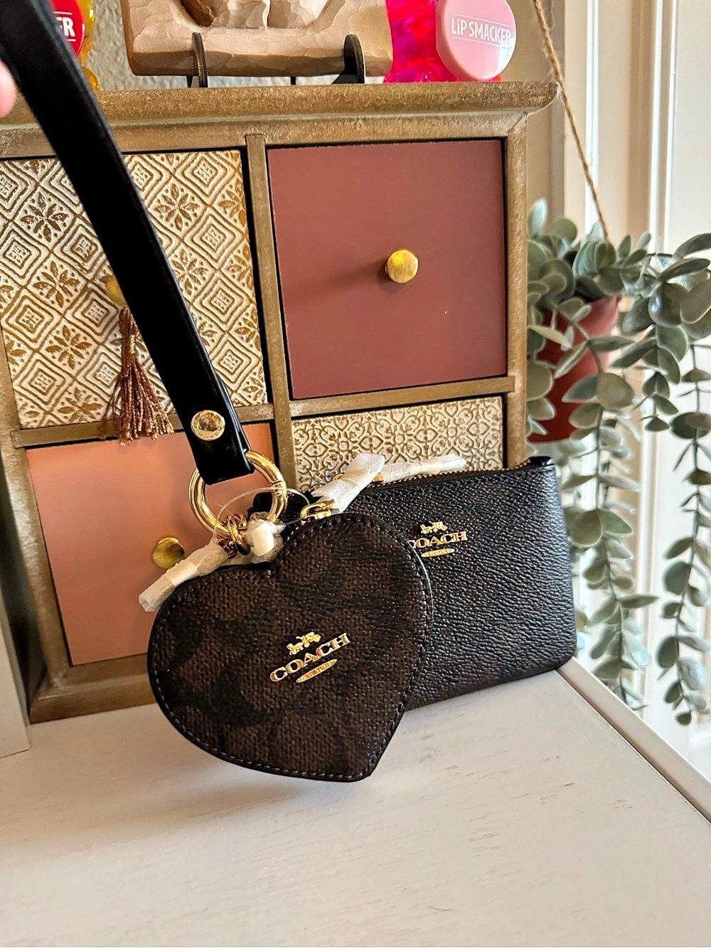 Coach Wristlet And Heart Pouch In Signature Canvas With Charm